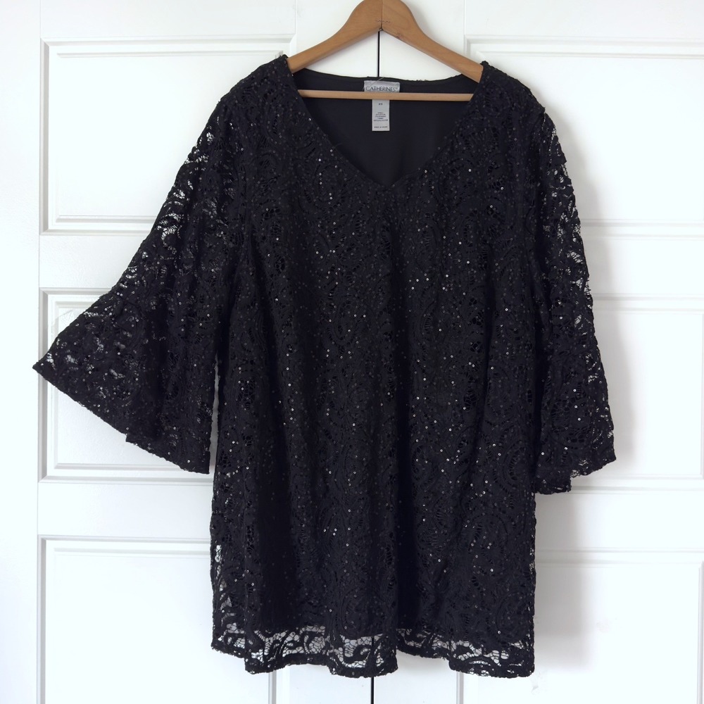 Catherines Sequin Lace Tunic Top 2X Black Bell Sleeve Witchy Whimsigoth Gothic